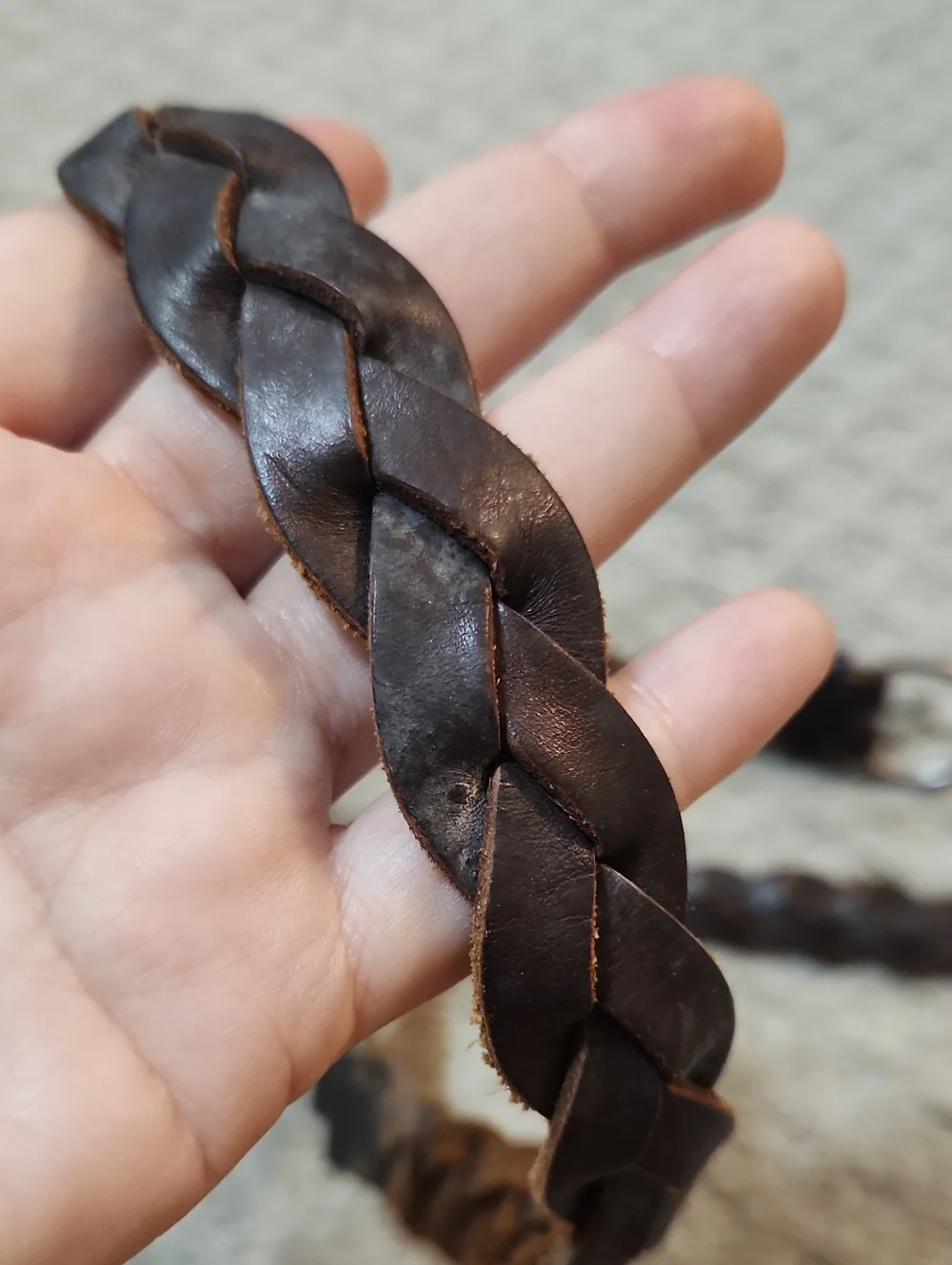 Braided Brown Leather Belt With Silver Tone Buckle & Harness Style Rings Large